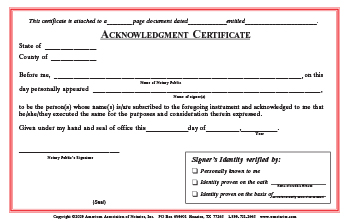 Washington Acknowledgment Notarial Certificate Pad